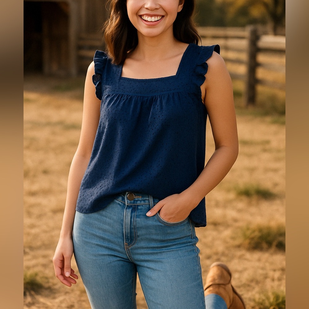 Wrangler Navy Eyelet Ruffle Sleeve Cotton Tank Top | Size L